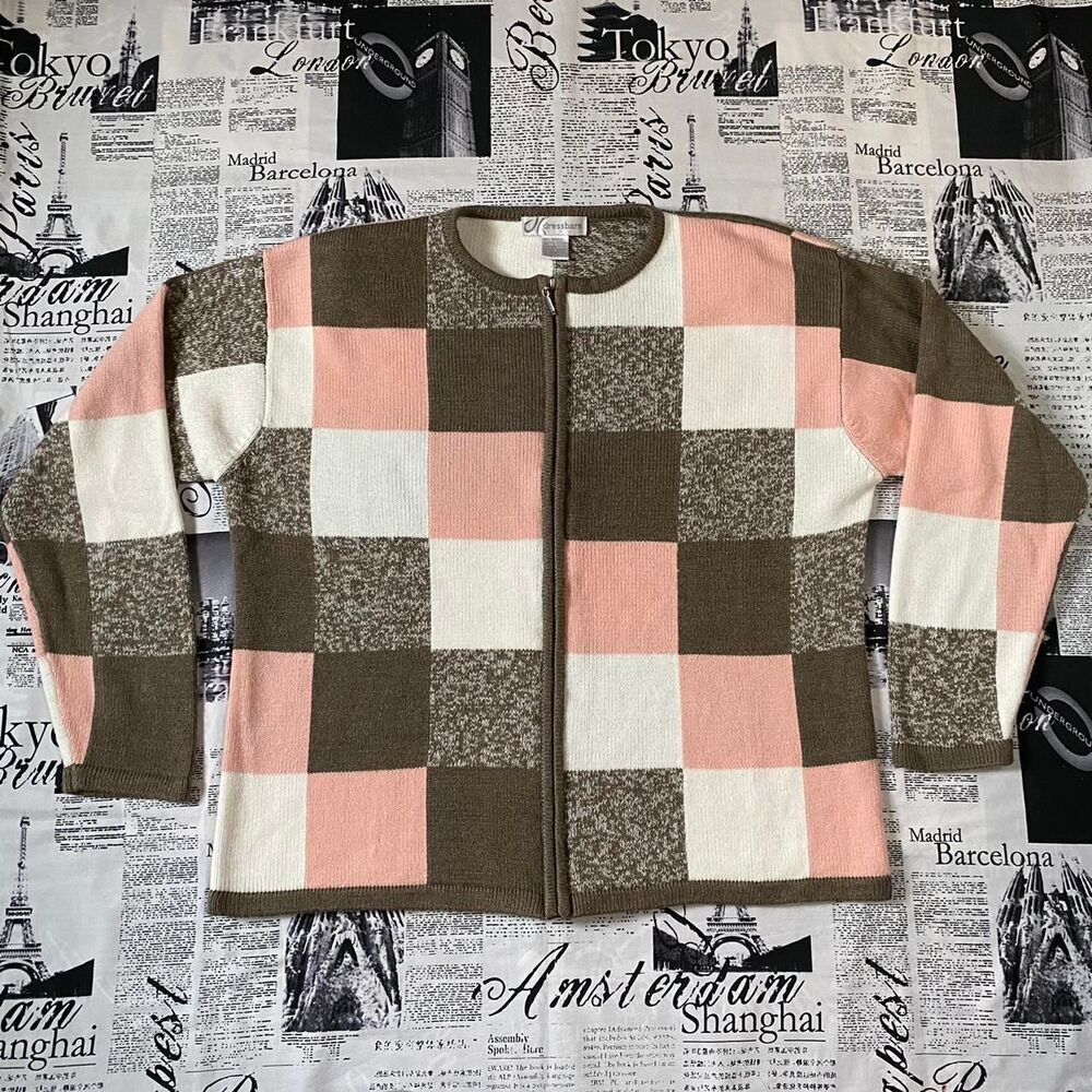 Dressbarn Women's Pink and Khaki Cardigan colorblock checkerboard 90s vintage